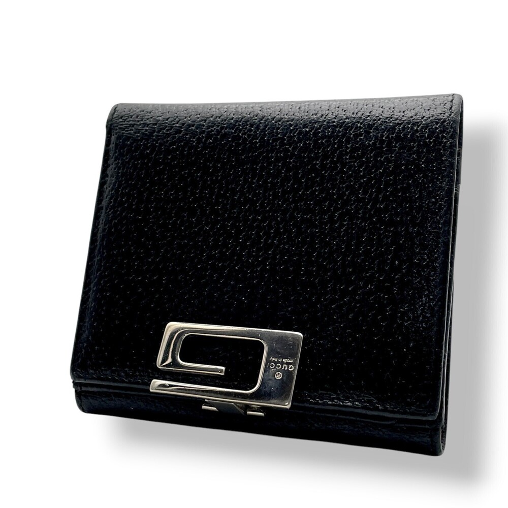 GUCCI 035 2149 2094 Bi-fold Wallet Compact G Metal Clip Black Leather Pigskin...